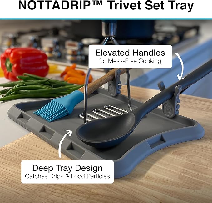 Nottadrip Silicone Spoon Rest for Stove Top - Kitchen Spoon Rest for Countertop, Ladle Holder, All in 1 Serving Station, Elevate Handles, Drip to Tray, Mess Free - 5PC Trivet Set - Gray