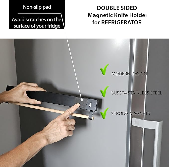 Premium Magnetic Knife Holder for Refrigerator with Hooks – 16 Inch Professional Double Sided Black Magnetic Knife Strip and utensil hanger for Fridge-Stainless Steel Magnet Knife Bar Wall