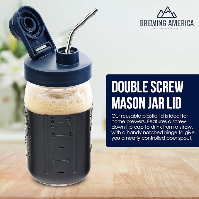 Brewing America Glass Mason Jar Pitcher with Lid - Azure Standard Jars, 1 Quart (32 oz) with Old Glory Blue Wide Mouth Pour Lid, for Smoothie, Boba Cup, Sun Tea, Cold Coffee Glass Tumbler, 2-Pack