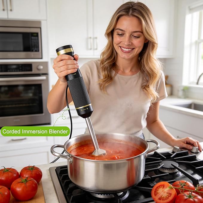 1200W Immersion Blender Handheld, 5-in-1 Variable Speed Emulsifier Hand Blender Stick with Whisk Chopper Milk Frother Mixing Cup and Storage Rack for Kitchen Soup, Purees, Baby Food and Smoothies