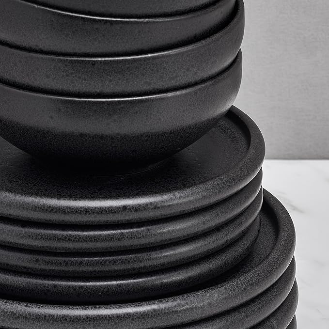 Mikasa Declan 12 Piece Stoneware Dinnerware Set, Service for 4, Modern Black Plate and Bowl Dishes with High Rims, Black