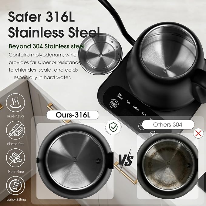 Gooseneck Electric Kettle Temperature Control: ±1℉ Precise Target | 316L Stainless Steel Electric Kettles for Boiling Water, Pour Over Coffee & Brew Tea, 1000W Quick Heating, 2h Keep Warm, 0.8L