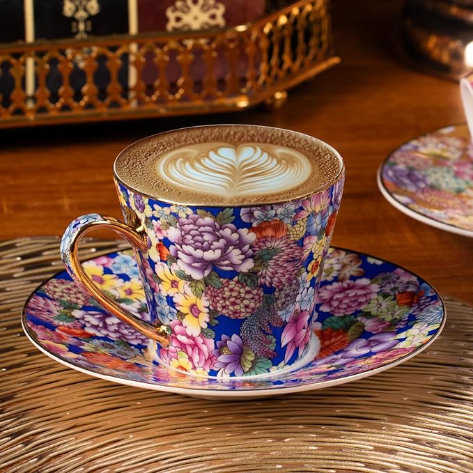 KAMMAK Tea Cups and Saucers Set of 2, Porcelain Coffee Cups, 7.5oz Stackable Espresso Mugs, Ceramic Demitasse for Coffee, Latte, Americano, Tea (637N+638N)