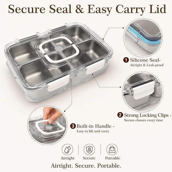 Snackle Box Container with Ice Pack, 304 Stainless Steel Snackle Box Set | 4-piece set, stainless steel, ice pack, insulated bag, fork & spoon, customizable divider system, flexible configuration