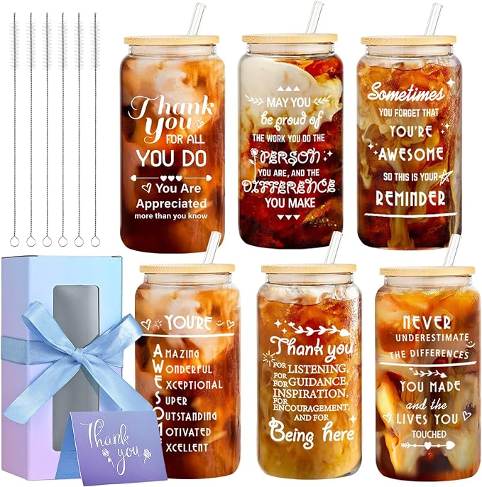 6 Set Employee Appreciation Gifts Bulk, OLSUNOR Personalized Inspirational Thank You Gifts for Graduation Season Coworker 16 oz Can Shaped Beer Glass Cups, Gift Box and Card for Team Women Men Teacher