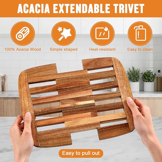 Yungyan Wood Trivet, Acacia Wood Hot Dish Holder Expandable 9 Inch to 11.8 Inch, Wooden Trivets for Hot Dishes, Bowls, Plates, Pots and Pans, Kitchen Table Protector