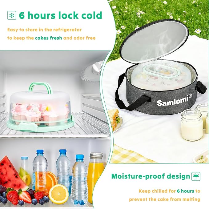 Cake Carrier with Lid and Handle, Bpa-Free Cake Holder with Lid for 10 Inch Round Cake Carrier with 10 pcs Round Golden Cake Boards and Portable Insulated Bag & Two Boxes of Cupcake Paper Liners