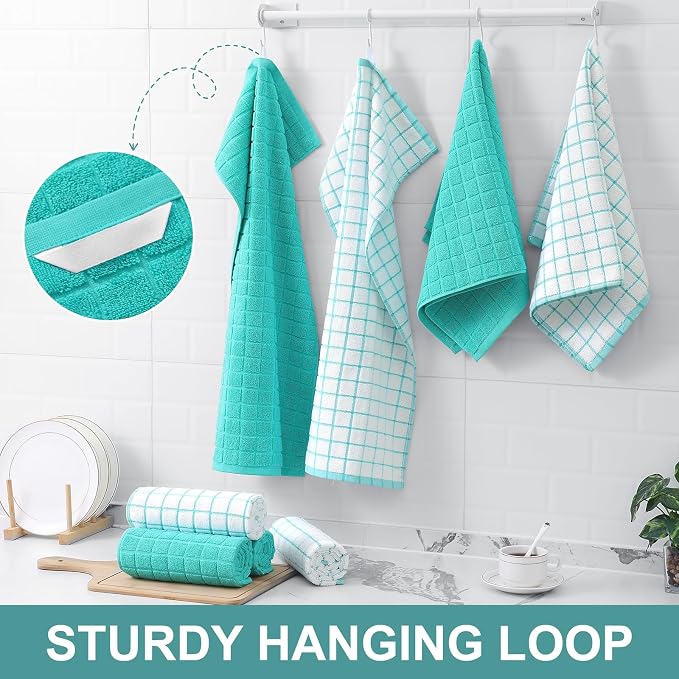 Homaxy Premium Cotton Kitchen Towels 16"x 28", Large Natural Ring Spun 390 GSM Dish Towels, Super Absorbent Terry Kitchen Hand Towels, Soft Tea Towels with Hanging Loop, Pure Aqua Check Design, 4 Pack