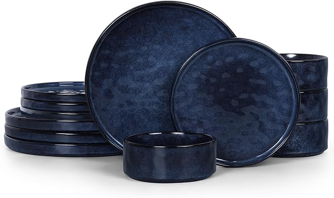 LIANYU 12 Piece Dinnerware Sets for 4, Stoneware Dish Dinner Set, Kitchen Dining Plates and Bowls, Ceramic Tableware Dishware, Microwave & Dishwasher Safe, Cetacean Blue