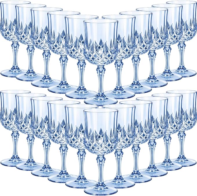 Sliner 96 Pcs 7oz Plastic Vintage Wine Glasses Drinking Goblets Unbreakable Crystal Water Glassware Reusable Diamond Champagne Flutes Cups for Wedding Banquet Birthday Party Supplies (Light Blue)