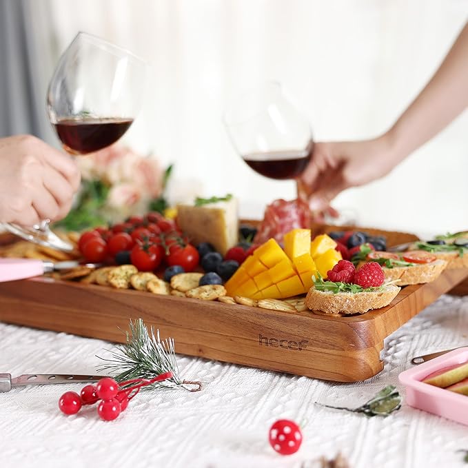 hecef Pink Large Charcuterie Board Set with Stainless Steel Cheese Knives, Cheese Board Set Wooden Appetizer Platter for Housewarming, Weddings, Birthdays & More, Forks & Pull-Out Drawers