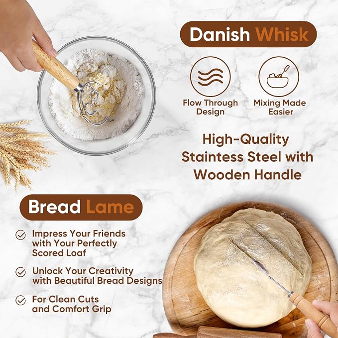 Sourdough Starter Kit with Round 9" & Oval 10" Banneton Bread Proofing Baskets, Starter Jar, Dough Whisk, Scraper & Bread Sling, Complete Sourdough Bread Baking Supplies Gift Set for Home Bakers