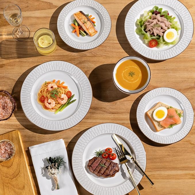 GBHOME Ceramic Dinnerware Sets,18 pcs Embossed Elegant Stoneware Plates and Bowls Sets, Housewarming Wedding Gift | Dishwasher & Microwave Safe | Dishes Set Service for 6