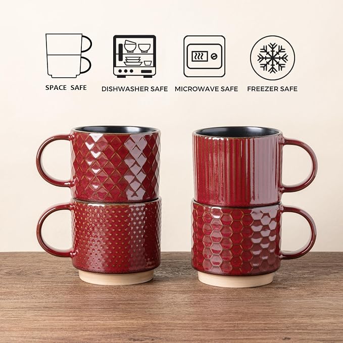 GBhome 8OZ Stackable Coffee Mugs, Ceramic Coffee Mugs with Texture Patterns for Man,Woman,Dad,Mom, Modern Coffee Cups Set of 4 for Espresso/Cappuccino. Dishwasher&Microwave Safe,Red