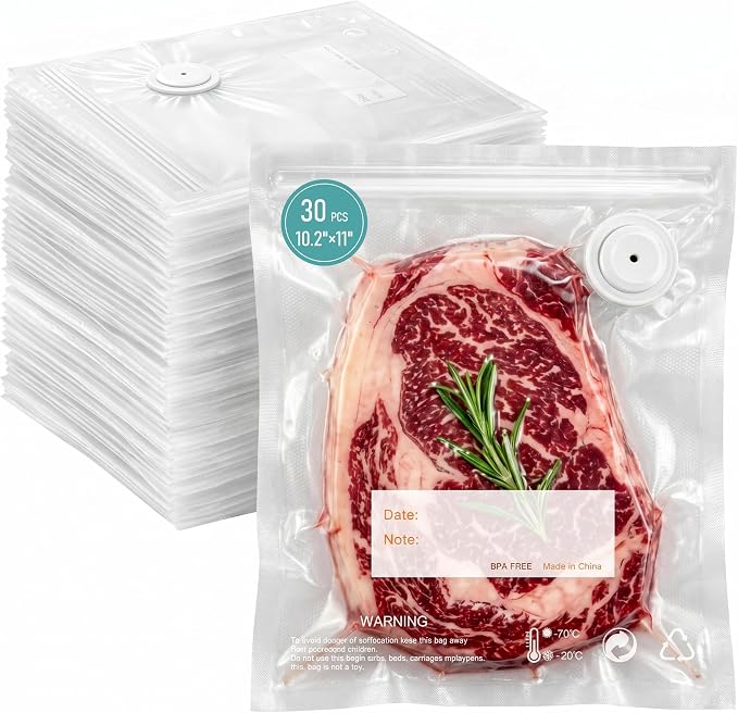 Reusable Vacuum Seal Bags for Food, 30 Pack Meduim BPA-Free Storage Bags, Leak Proof, Odor Resistant, Freezer & Microwave Safe, Heavy Duty Bags for Meat, Fruits & Dry Goods, 10.24 * 11.02 IN
