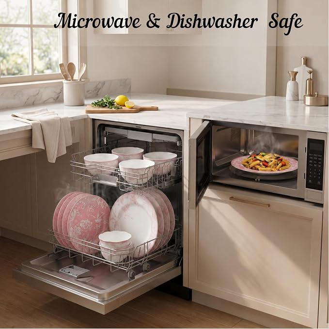 222 Fifth Adelaide Blush 12-Piece Pink Porcelain Dinnerware Set – Service for 4, Big Dinner Plates and Bowls Sets, White with Pink Floral Pattern, for Daily Entertainment, Microwave & Dishwasher Safe