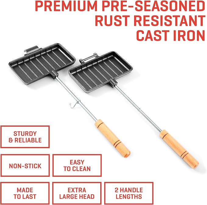 Uno Casa - XL Pie Irons Cast Iron Sandwich Maker - Mountain Japanese Sandwich Maker with Recipe Book - Durable Campfire Cooking Equipment for Toasted Pies, and More