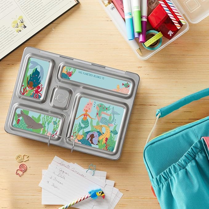 PlanetBox Rover Stainless Steel Bento Box Style Lunch Box Kit for Kids with 5 Compartments, Includes Insulated Lunch Bag, Leakproof Food Containers and Matching Mermaid Lagoon Magnets