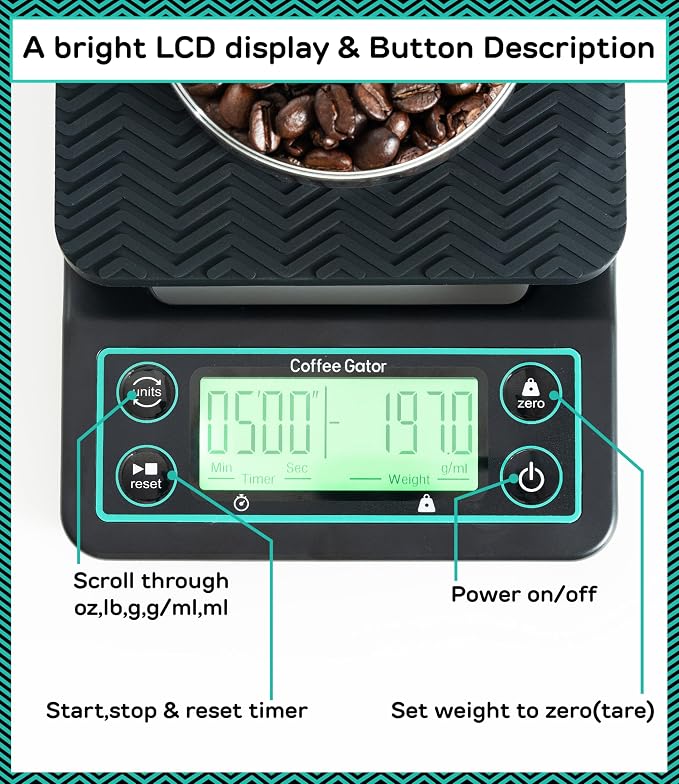 Coffee Gator Gooseneck Kettle 34oz Stainless Steel for Pour Over and Coffee Scale 0.1 Precision with Timer