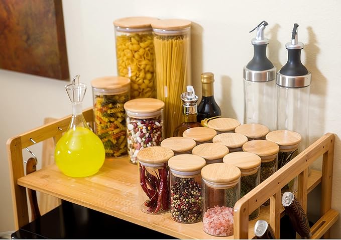 BAMBOO LAND Bamboo Microwave Oven Rack with Hooks and Built-In Knife Holder, Countertop Microwave Shelf