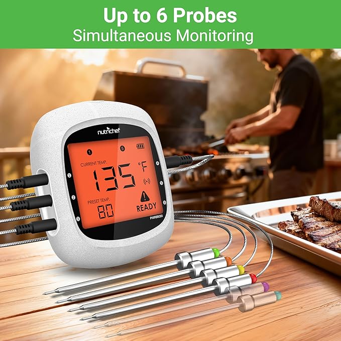 Nutrichef Bluetooth Meat Thermometer for Grilling and Smoking with 4 Wireless Meat Probes, 4 Channels with LCD Display
