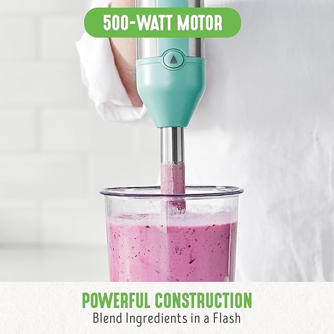 GreenLife 500-Watt Immersion Electric Handheld Stick Blender with Stainless Steel Blades, Whisk, Frother, Measuring Cup and Lid, Soups, Puree, Cake, Multi-Speed Control, Portable, Turquoise