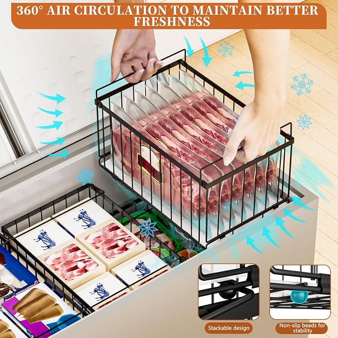 Large Freezer Organizer Bins, Upgrade Quick Expand/Collapse Feature, for 5-9 Cu.Ft Deep Freezer, 4 Pack Stackable Deep Freezer Organizer Bins, Black Wire Foldable Baskets (Black 4 Pack)