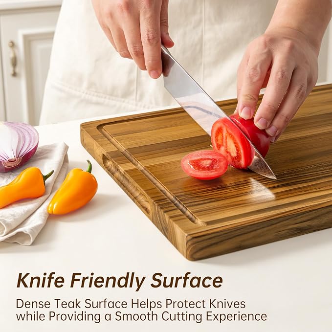 THETCHRY Teak Wood Cutting Board Set of 3 Wooden Cutting Boards for Kitchen | Premium Teak Wood • FSC Certified • Deep Juice Groove • Built-In Handles • Non-Slip Feet • 3 Practical Sizes • Gift-Ready Box