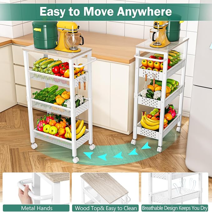 Vivihomety Utility Slim Storage Cart with Wheels, 4 Tier Small Rolling Cart with Wood Top, Metal Kitchen Bathroom Laundry Room Organization Trolley with Handle for Narrow Space - White