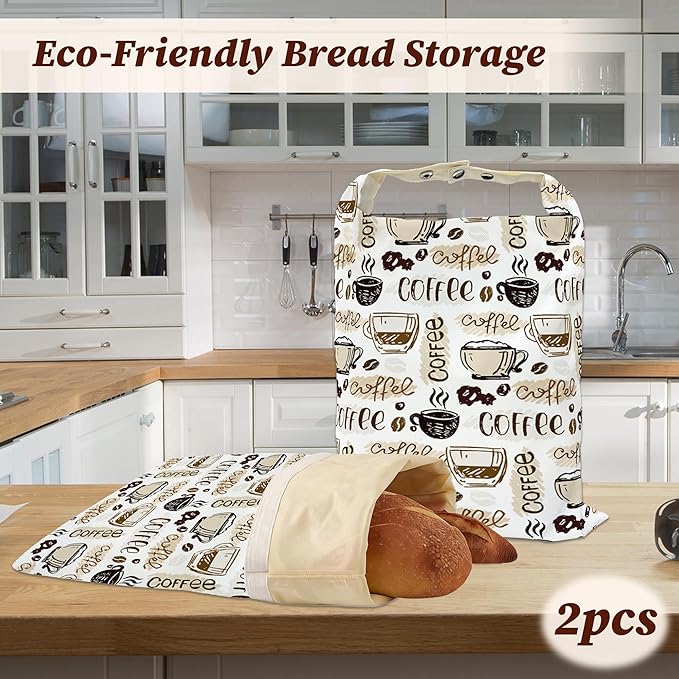 Bread Bags for Homemade Bread, Coffee Time 2 Pack Linen and Beeswax Sourdough Storage Bags, Reusable Keeper, Keeps Breads Fresh Longer, Gifts for Bakers