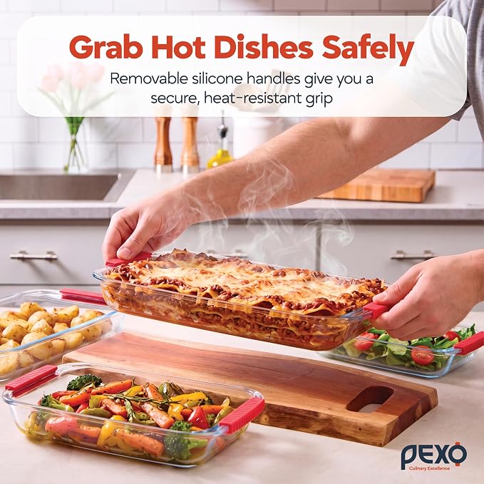 Pexo 8 Piece Glass Baking Dish Set with Plastic Lids, With Silicone Handles for Easy Grip (1.06QT, 1.69QT, 2.32QT, 3.17QT), Clear Glass Casserole Dishes for Oven, Airtight Lids, Glass Bakeware, Freezer, Oven, and Dishwasher safe (Red)