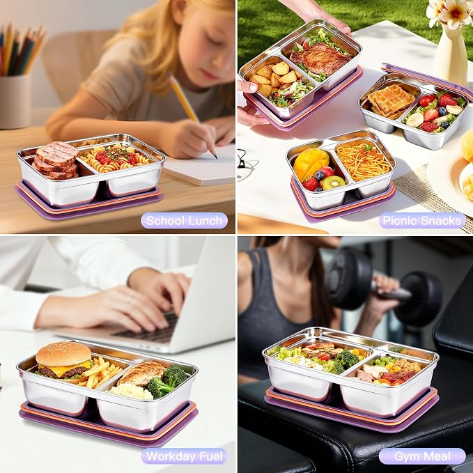 GIUOIDUO 12-Piece Stainless Steel Snack Containers Reusable, Grab and Go 2 Compartment Food Storage Containers with Leakproof Lids for Travel and Outdoor Camping School Lunch Prep Dishwasher Safe