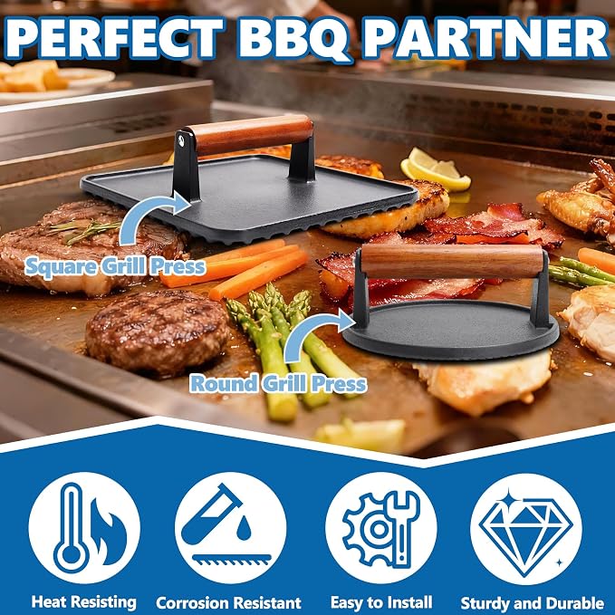 SafBbcue 10" Square Bacon Press & 7" Round Meat Press, Heavy Duty Cast Iron Griddle Press Smash Burger Press Compatible with Blackstone Flat Top Griddle Grills