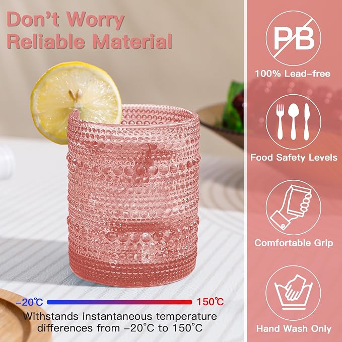 JOVGANK Pink Vintage Hobnail Drinking Glasses Set of 6, Embossed Water Tumbler 12oz, Kitchen & Bar Beaded Glass Cups, Beverage Glass Cups for Water, Beer, Juice, Housewarming Gift