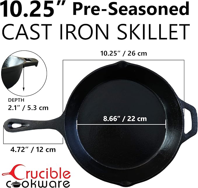 10.25-Inch Cast Iron Skillet Set (Pre-Seasoned), Including Large & Assist Silicone Hot Handle Holders, Glass Lid, Cast Iron Cleaner Chainmail Scrubber, Scraper | Indoor & Outdoor Use