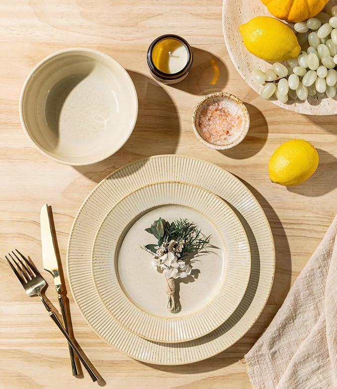 TheTerra Stoneware Dinnerware Sets for 6, 18 Pieces Ceramic Plates and Bowls Sets, Scratch Resistant Embossed Dish Set, Oven, Microwave & Dishwasher Safe, Cream Latte