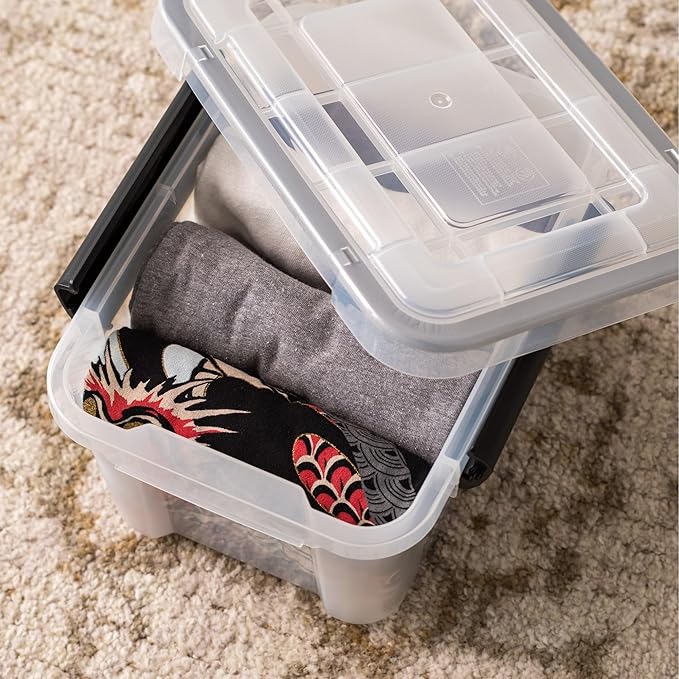 Clear Plastic Storage Bin with Airtight Latching Lid, Stackable Waterproof Organizer for Food, Office Supplies, and Household Items, Black Clasps