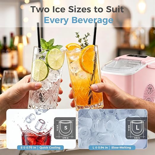 Countertop Ice Maker, Portable Ice Machine with Carry Handle Basket and Scoop, 9 Bullet Cubes Ready in 6 Mins, 26lbs Daily, Self-Cleaning for Home, Kitchen, Camping, RV