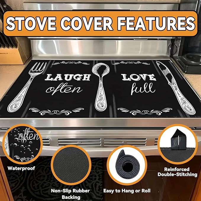 Decorative Stove Top Covers for Electric Stove 28"x20" – Heat Resistant Glass Cooktop Protector Dish Drying Mat – Non-Slip Rubber Backing Washer Top Cover Waterproof Extra Counter Space (Kitchen 2)