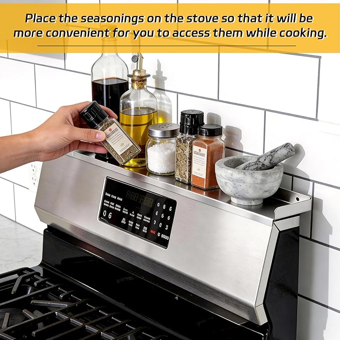 30" Stainless Steel Stove Top Shelf - Dual Mount (Screw & Adhesive) - No Slide/No Spill, Side Guards, Spice Rack & Over The Stove Organizer, StoveShelf (Stay Secure)