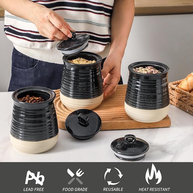 Ceramic Food Storage Jars,25 Oz Porcelain Kitchen Canisters with Airtight Lids Set of 3,Flour Containers for Countertop,Farmhouse Decor Serving Ground Coffee,Tea,Sugar,Pasta and Rice,Black＆White