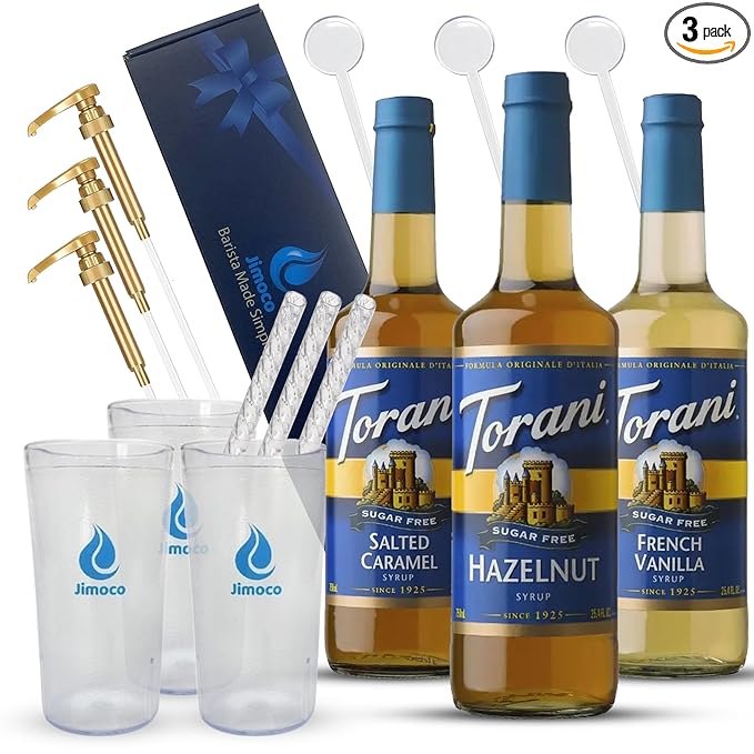 Jimoco Barista Set – Torani Sugar Free French Vanilla, Salted Caramel & Hazelnut Syrups (25.4 oz Each) with 3 Jimoco Syrup Pumps, Reusable Cups, Straws & Stirrers – Coffee, Italian Soda & Cocktail Flavoring Kit