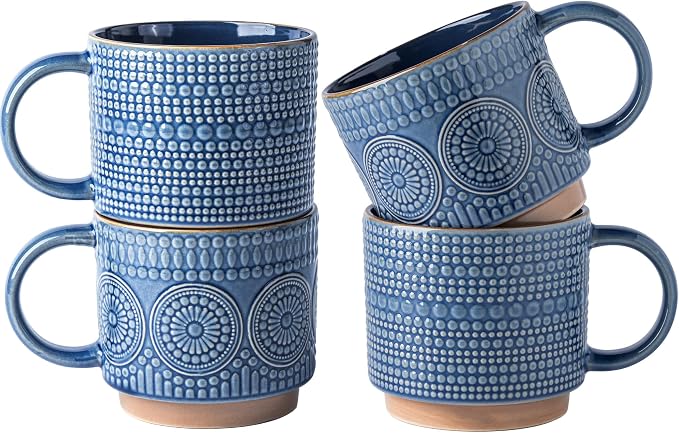 GBhome 16OZ Stackable Coffee Mugs, Ceramic Coffee Mugs with Texture Patterns for Man,Woman,Dad,Mom, Modern Coffee Mugs Set of 4 for Latte/Cappuccino/Cocoa. Dishwasher&Microwave Safe