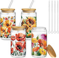 Mumufy 4 Pack Wildflower Glass Cups Gift Aesthetic Cute Glass Cup Tumbler Flower Iced Coffee Mugs 16 oz with Bamboo Lid & Straw, for Wedding Birthday Bridesmaid Mom Baby Shower
