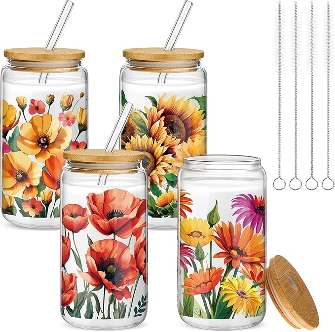 Mumufy 4 Pack Wildflower Glass Cups Gift Aesthetic Cute Glass Cup Tumbler Flower Iced Coffee Mugs 16 oz with Bamboo Lid & Straw, for Wedding Birthday Bridesmaid Mom Baby Shower