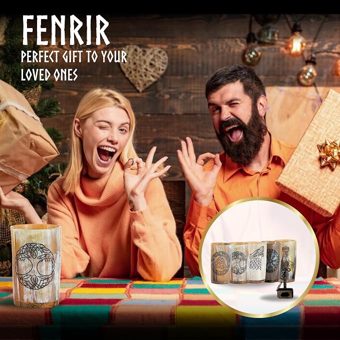 FENRIR Viking Drinking Horn Mug Set of 5 – Gifts for Men, Dad, Husband – Unique Viking Gift – Natural Ox Horn Cup with Thor Bottle Opener – For Beer, Ale, Mead (10 oz/Glass)