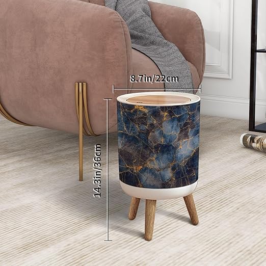 Trash Can with Lid Blue Marble Texture Italian Marble Slab Press Top Round Small Garbage Bin with Wooden Legs Waste Basket for Kitchen Bedroom Nursery 7L/1.8 Gallon