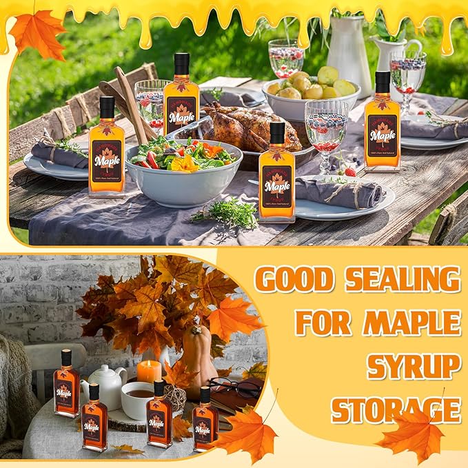 12 Pcs Glass Maple Syrup Bottles Bulk 8 oz Clear Glass Bottle with Cork Lids Reusable Syrup Jars Containers Maple Syrup Sticker for DIY Juice Milk Sauce Storage Gifts(Black,Black Maple Leaves)