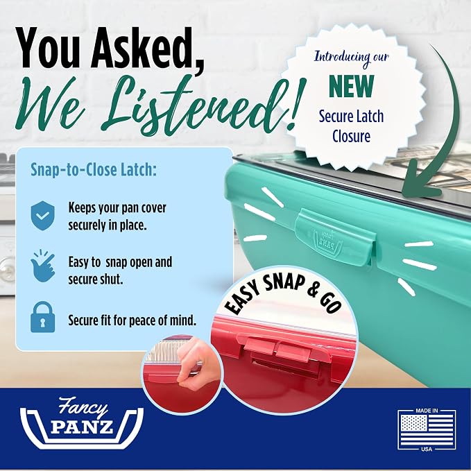 Fancy Panz Aqua Premium Aluminum Foil Pan Carrier with Secure Latch Lid & Hot/Cold Gel Pack - Made in USA Reusable Casserole Carrier for Half Size Pans - Food Transport Holder for Entertaining