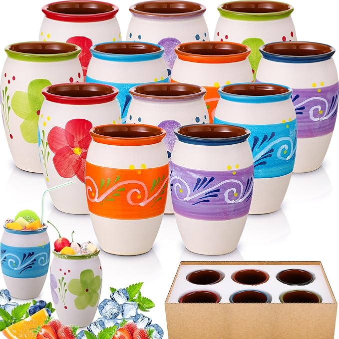Gejoy 12 Pack 12oz Cantaritos de Barro Mexicanos Mexican Clay Cup Pottery Fiesta De Barro Mexicanos Cocktail Cups Coffee Mugs Cocktail Tea Glasses for Margaritas Mojitos (Bright,White)
